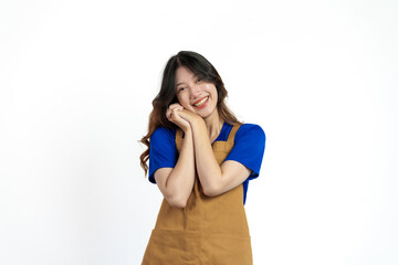 Cheerful young pretty asian woman blue t-shirt and apron coffee owner isolated on white background.