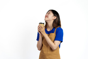Fototapeta na wymiar Cheerful young pretty asian woman blue t-shirt and apron coffee owner isolated on white background. Holding paper coffee cup