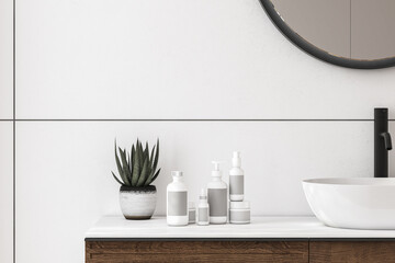 Close up of sink with oval mirror standing in on white wall, wooden cabinet with black faucet in minimalist bathroom. Side view. 3d rendering
