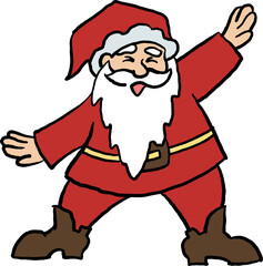 Funny Santa Claus dancing, hand drawn cartoon character, comic personage illustration. Decorative element for poster print, Christmas party invitation, postcard design. Traditional winter celebration.