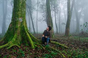 The man explore nature tree in forest