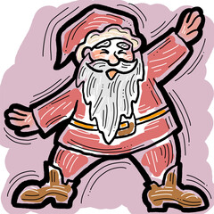 Funny Santa Claus dancing, hand drawn cartoon character, comic personage illustration. Decorative element for poster print, Christmas party invitation, postcard design. Traditional winter celebration.
