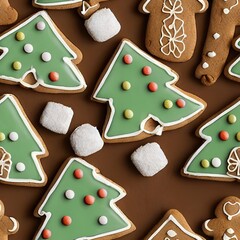 Christmas gingerbread tree shaped seamless pattern.Xmas cookie. Ginger tree pattern on chocolate  background.Digital painting tile illustration. Cakes topped with green pastel icing
