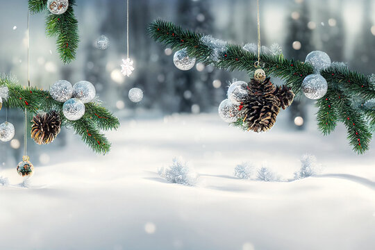 Christmas background with fir tree brunch, silver and gold decorations on white snowy bokeh background. Banner format with empty space for your design. 3d render