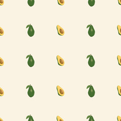 Seamless pattern with avocado. Illustration in muted colors with a whole fruit and half an avocado. Minimal and natural art drawing. Backgrounds, wallpaper, desktop, social, cover, textile, texture.