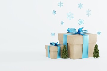 Gift boxes on a light background and small Christmas trees and snowflakes. Concept for Christmas and buying Christmas gifts, giving gifts. Shopping. 3D render, 3D illustration.