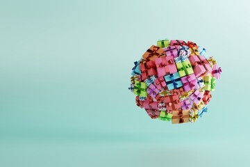 Gift boxes arranged in a large ball. Concept for Christmas and buying Christmas gifts, giving gifts. Shopping. 3D render, 3D illustration.