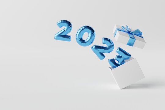 The box from which the new year 2023 balloon comes out. New Year concept, end of 2022. 3D render, 3D illustration.