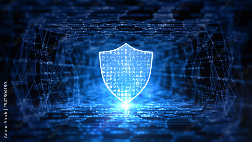 Poster shield icon technology big data network with polygons abstract background, 3d rendering