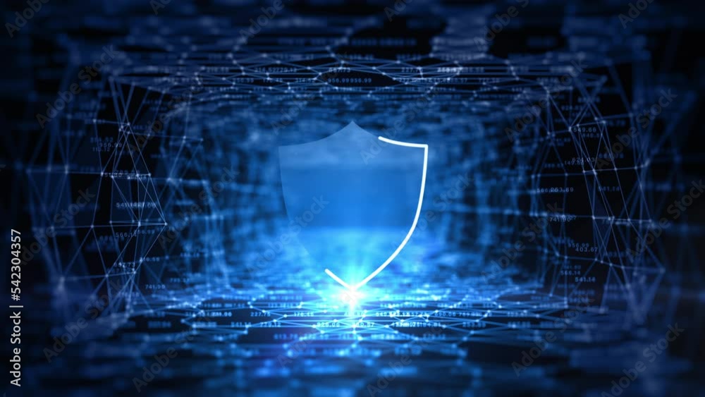 Poster shield icon technology big data network with polygons abstract background, 3d rendering animation 4k
