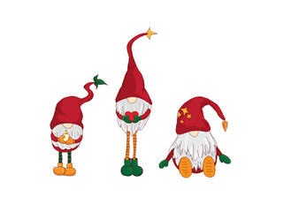 Dwarf, christmas elf, three funny christams elfs with hats on eyes
