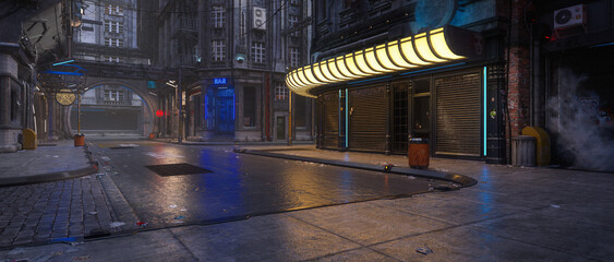 Obraz na płótnie Canvas Wide cinematic view of a dark downtown street in a dystopian future cyberpunk city on a wet night. 3D illustration.