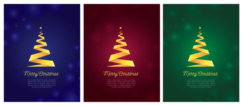Merry christmas fancy gold xmas tree in ribbon style on navy green and red background. Ideal for greeting card or elegant holiday party invitation.  3 diffrent colours.
