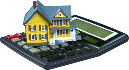 Building, mortgage, real estate and property concept - close up of home model and  Calculator