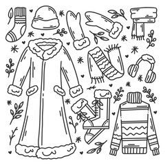 Winter clothes hand drawn doodles coloring