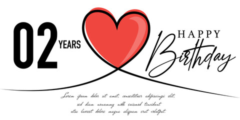 Happy 02nd birthday card vector template with lovely heart shape.
