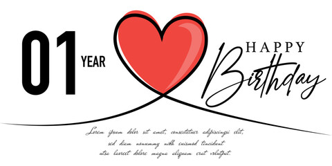 Happy 01st birthday card vector template with lovely heart shape.
