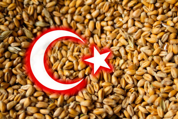 Defocus Russian-Ukrainian grain deal. Turkey flag. High grain price, wheat shortage and food crisis concept. Block ports. Trade. Out of focus