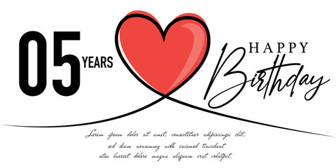 Happy 05th birthday card vector template with lovely heart shape.
