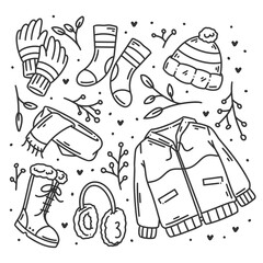 Winter clothes and essentials hand drawn doodles coloring
