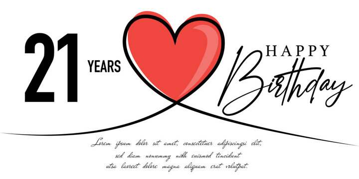 Happy 21st birthday card vector template with lovely heart shape.
