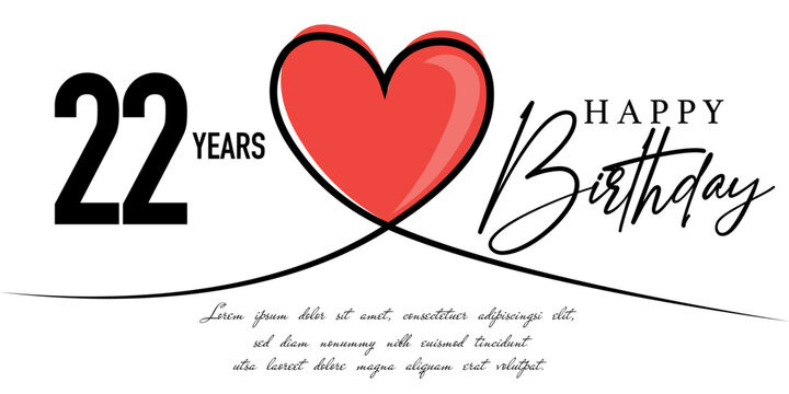 Happy 22nd birthday card vector template with lovely heart shape.

