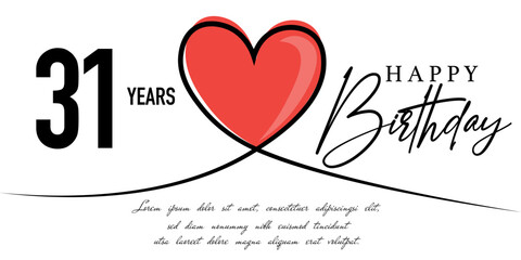 Happy 31st birthday card vector template with lovely heart shape.
