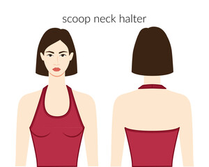 Obraz premium Scoop neck neckline halter clothes character beautiful lady in burgundy top, shirt, dress technical fashion illustration fitted. Flat apparel template front, back sides. Women, men unisex CAD mockup
