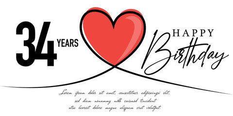 Happy 34th birthday card vector template with lovely heart shape.
