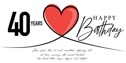 Happy 40th birthday card vector template with lovely heart shape.
