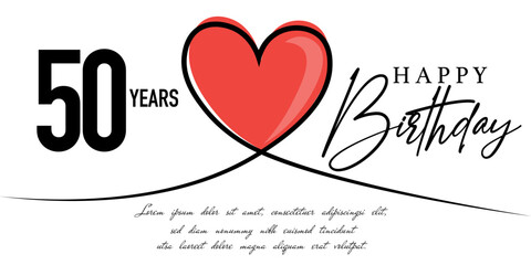 Happy 50th birthday card vector template with lovely heart shape.

