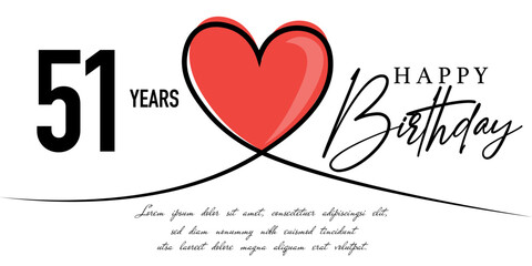 Happy 51st birthday card vector template with lovely heart shape.

