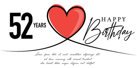 Happy 52nd birthday card vector template with lovely heart shape.
