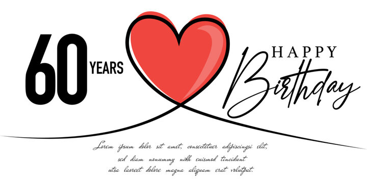 Happy 60th birthday card vector template with lovely heart shape.
