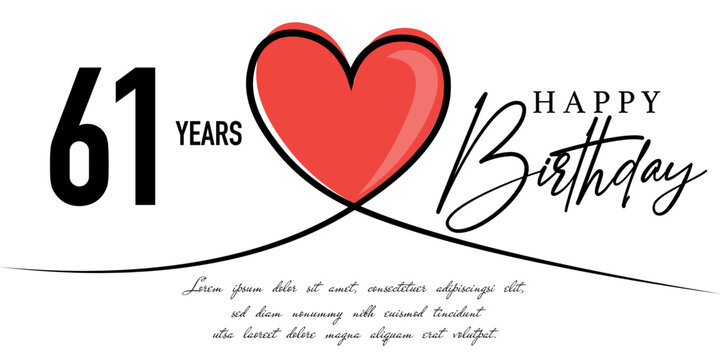 Happy 61th birthday card vector template with lovely heart shape.

