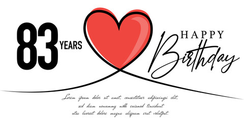 Happy 83rd birthday card vector template with lovely heart shape.
