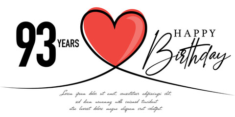 Happy 93rd birthday card vector template with lovely heart shape.
