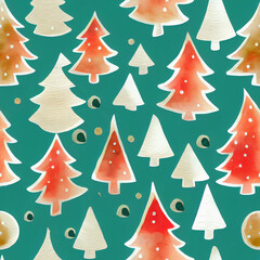 Obraz premium Christmas wrapping paper seamless pattern, organic watercolor style, hand painted Christmas tree, red and green, tillable / tile