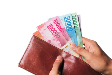 hands take rupiah money from wallet isolated on white background