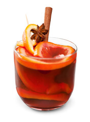 Hot red mulled wine for winter and Christmas with orange slice, anise and cinnamon sticks isolated...