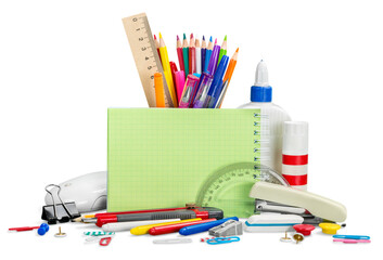 Back to school concept , Photo of Items for school student gear and autumn maple leaves isolated on...