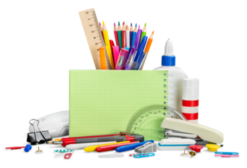 Back to school concept , Photo of Items for school student gear and autumn maple leaves isolated on white background