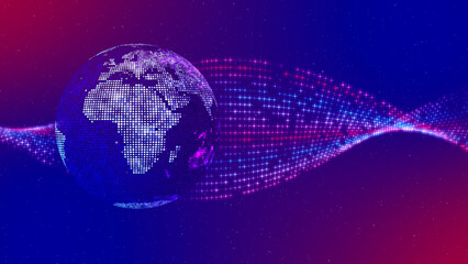 Abstract Digital Space Blue Red Shiny Square Dotted Globe World Map Side Of Africa And Europe On Twisted Star Dots Plane Lines Background © agratitudesign