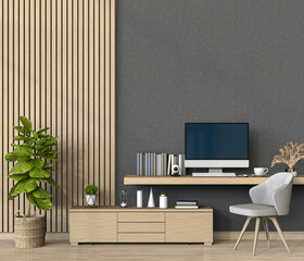 3D render of interior living room workspace with desk and desktop computer