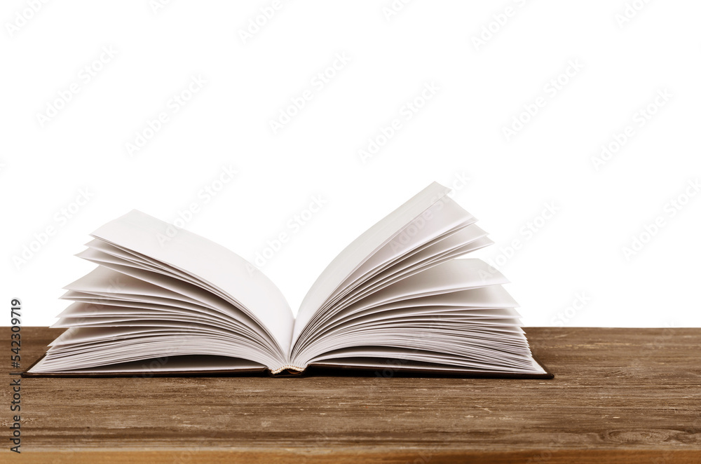 Wall mural open empty notebook on wooden table