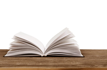 Open empty notebook on wooden table