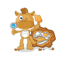 horse archaeologists with fossils mascot. cartoon vector