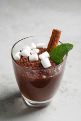 Cup of delicious hot chocolate with marshmallows, cinnamon stick and mint on light grey table