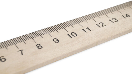 Wooden ruler with measuring length markings in centimeters isolated on white