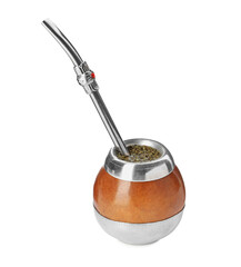 Calabash and bombilla with mate tea on white background